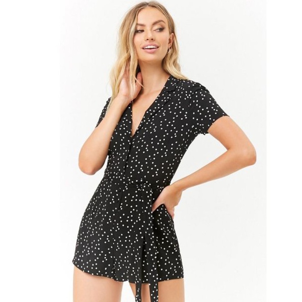 Polka dot button-front romper